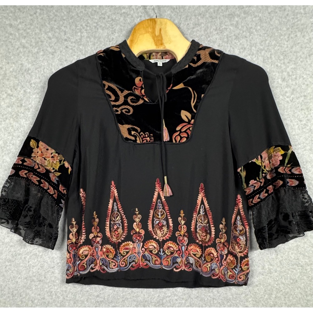 John Mark Blouse Womens XL Black Excellent Velvet Embroidered Bell Sleeve Tassel
